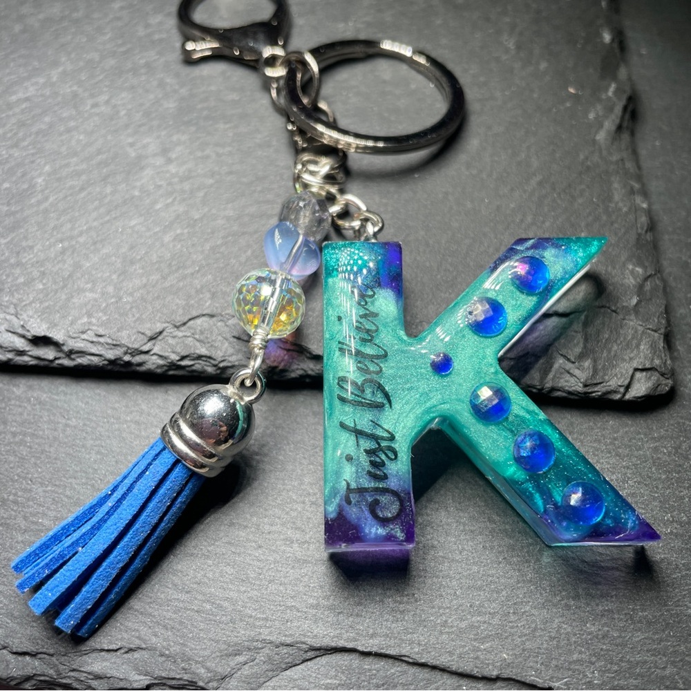 Custom Made Hand Crafted Letter K Keychain -Blue and Purple - Picture 5 of 8